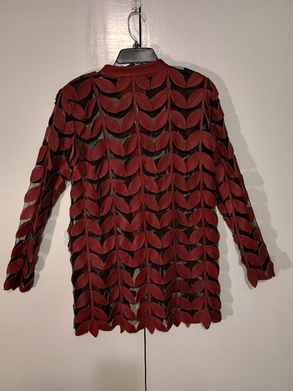 Orika Leather Burgundy Leaf Appliqué Mesh Zip Jacket Vintage Statement Top - Picture 3 of 7